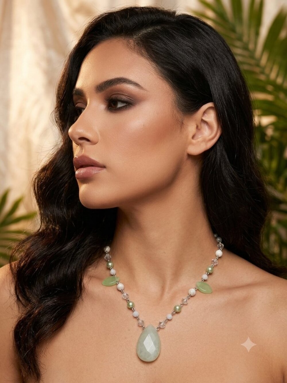 Sage Tear Drop Beaded Necklace - Picture 3 of 5